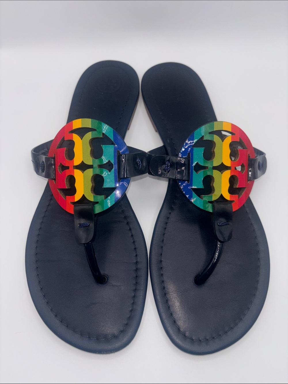 Tory Burch Navy Sandals with Rainbow Logo Medallions